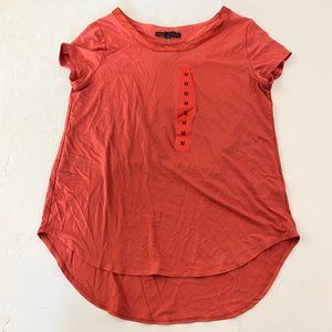 Joan Vass Medium Tunic Top Short Sleeve Rayon Scoop Neck Hi Lo Satin Collar New